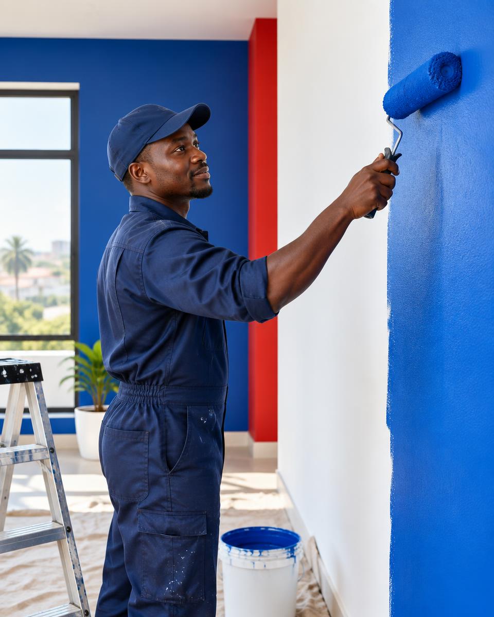 Fundi wa Goldstar Paints akipaka ukuta